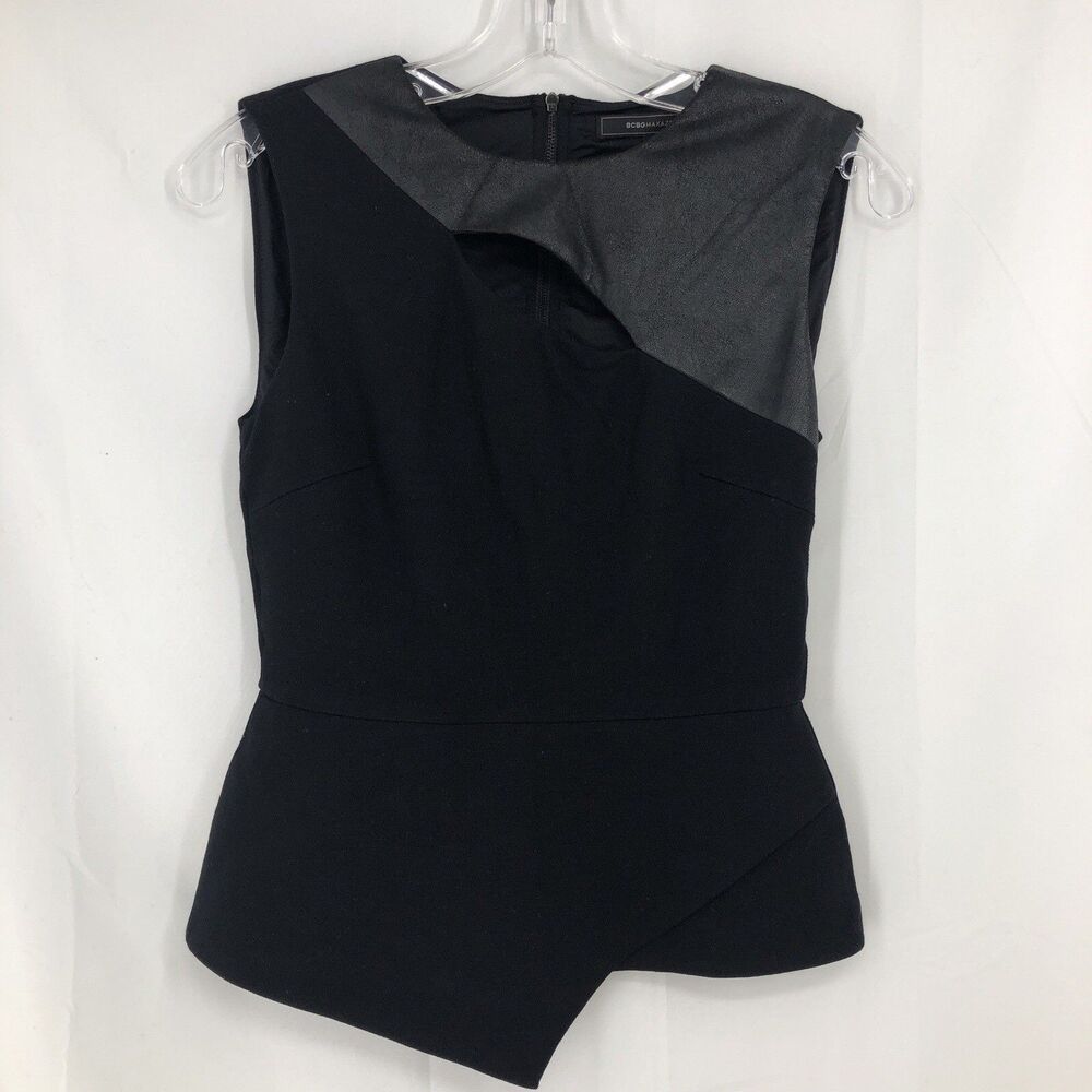 BCBG Maxazria Black Farrah Asymmetrical Top Ponte Faux Leather Peplum XS